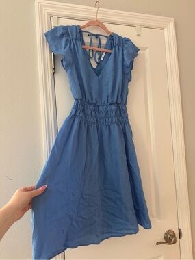 Staccato Blue V‑Neck Smocked Midi Dress